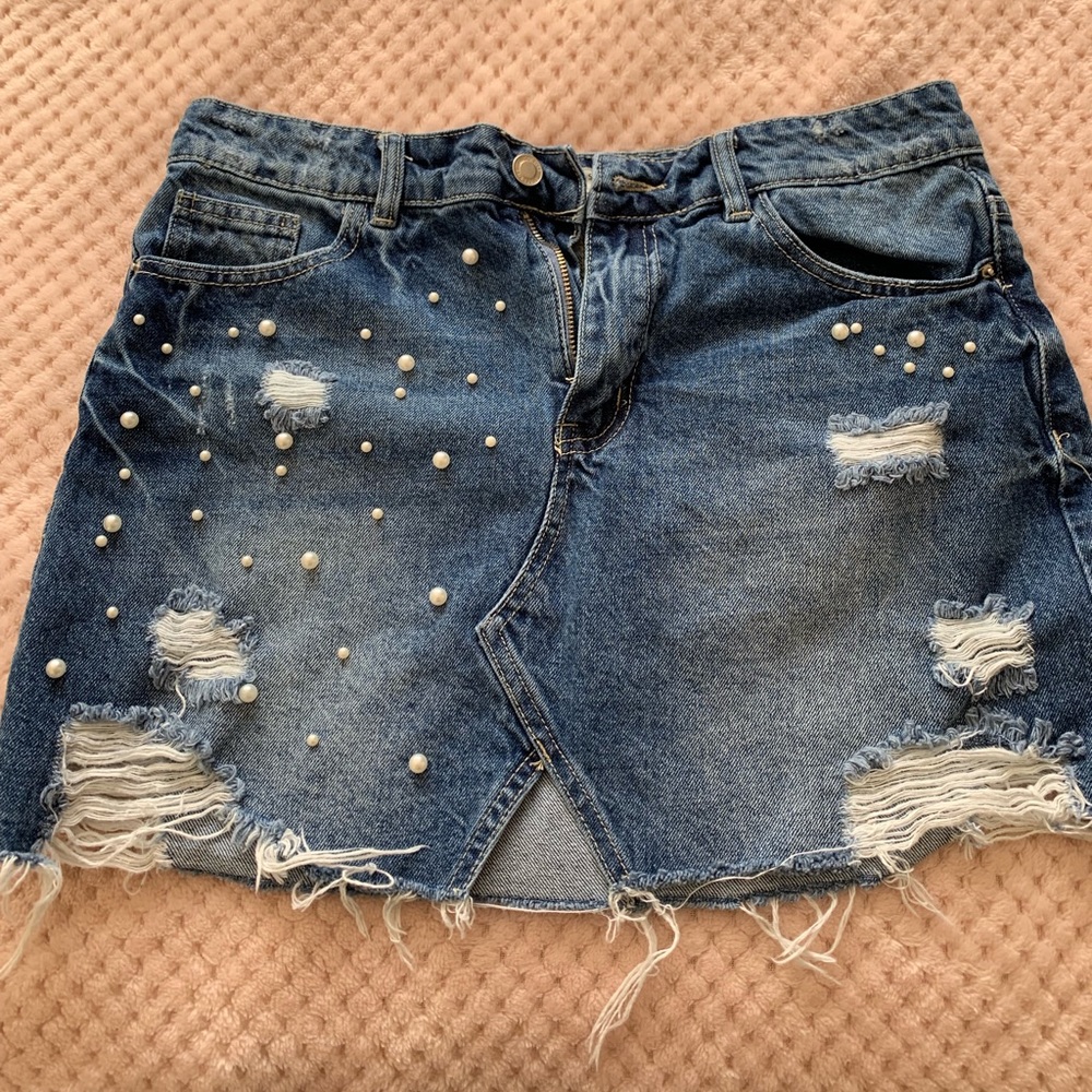 Distress Denim skirt with pearls